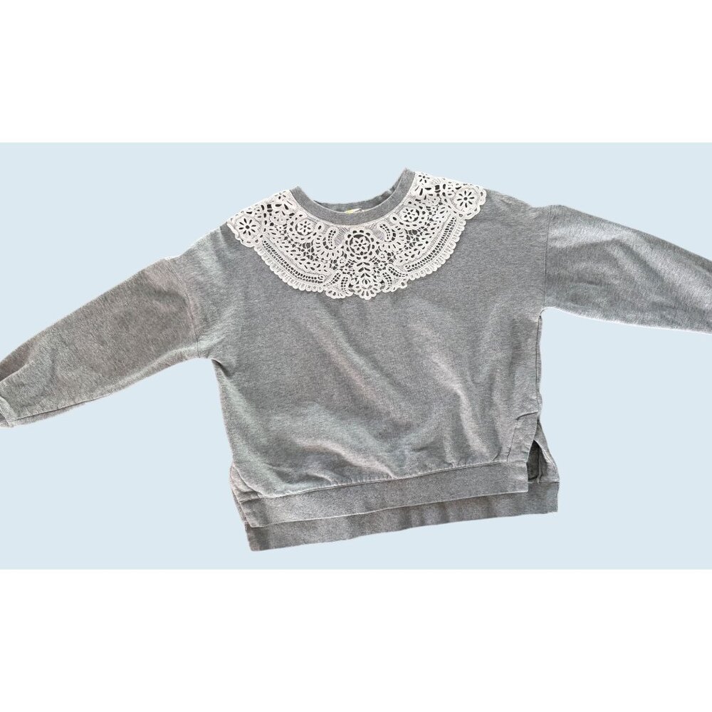 BODEN Grey Oversized Lace Collar Overlay Cottage Preppy Sweatshirt Sz XS - Picture 2 of 8